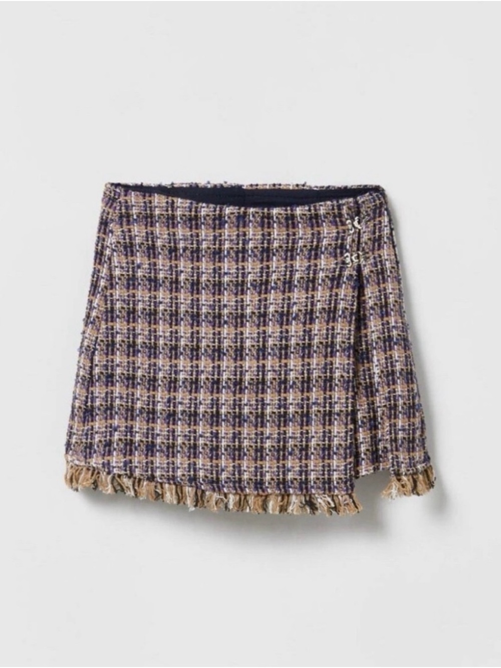 Zara NWT Tweed Fringe Wrap Skort in Navy and Beige
